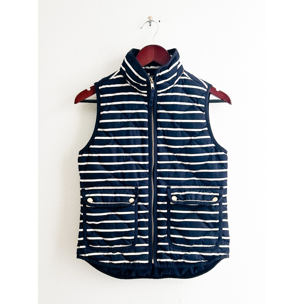 J. Crew Excursion Vest Navy White‎ Striped Quilted Down Puffer XXS
